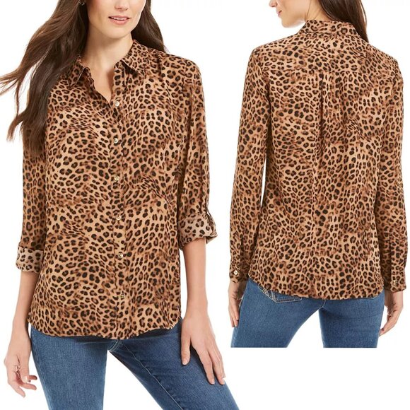 Charter Club Animal-Print Roll Tab Sleeve Blouse Size M - Picture 1 of 10